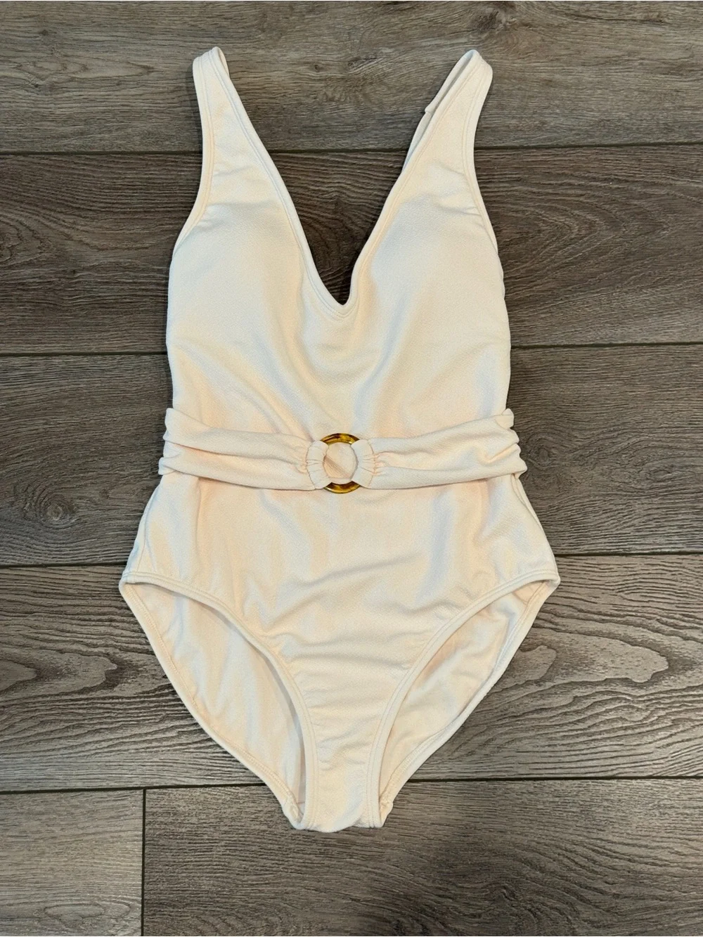 Shade & Shore Cream Crepe Belted V-Neck One Piece Swimsuit Size S (4-6)